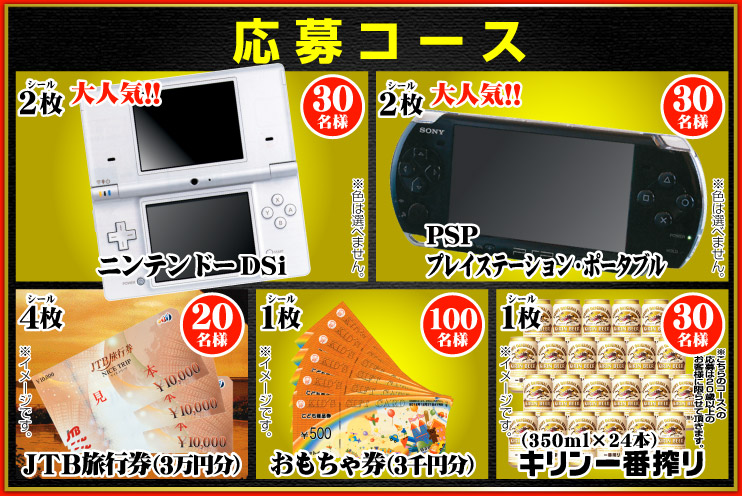 ■シール2枚:ニンテンドーDSi(30名)、PSPプレイステーション・ポータブル(30名)■シール4枚:JTB旅行券3万円分(20名)■シール1枚:おもちゃ券3千円分(100名)、キリン一番搾り350ml×24本(30名)